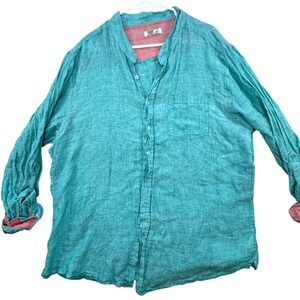 Regent Street‎ Button Up Shirt Mens 2X Teal 100% Linen Band Collar Coastal beach